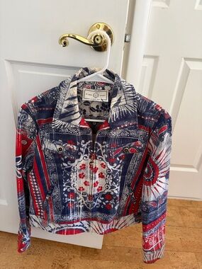 St. John Sport by Marie Gray Red & Blue Patterned Jean Jacket